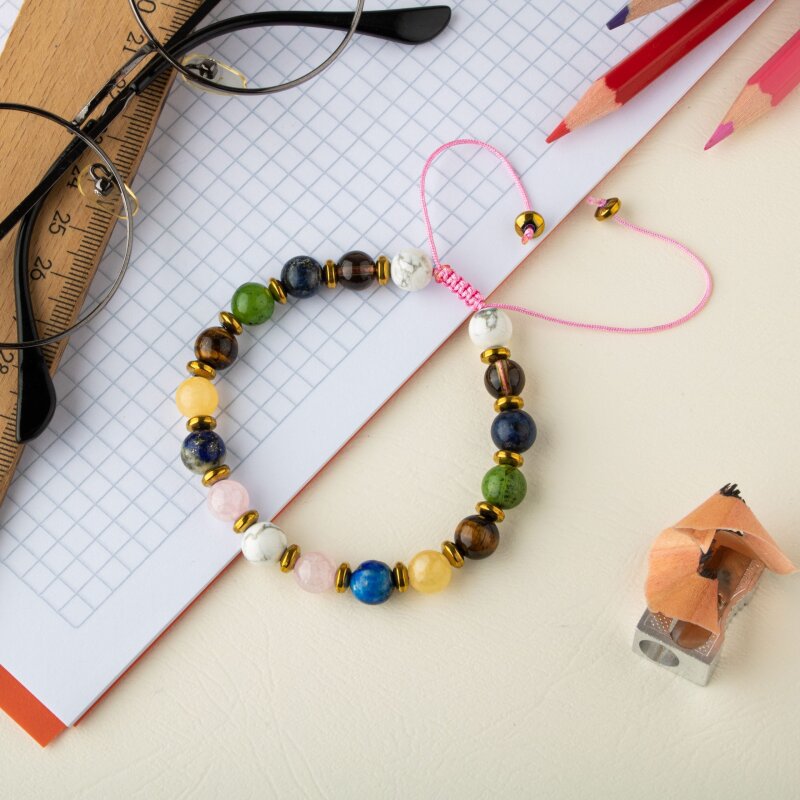 Kız Öğrenci Doğal Taş Bileklik-Havlit-Pembe Kuvars-Labradorit-Lapis Lazuli-Kalsit-Yeşim-Dumanlı Kuvars-Sodalit-Kaplan Gözü - 3