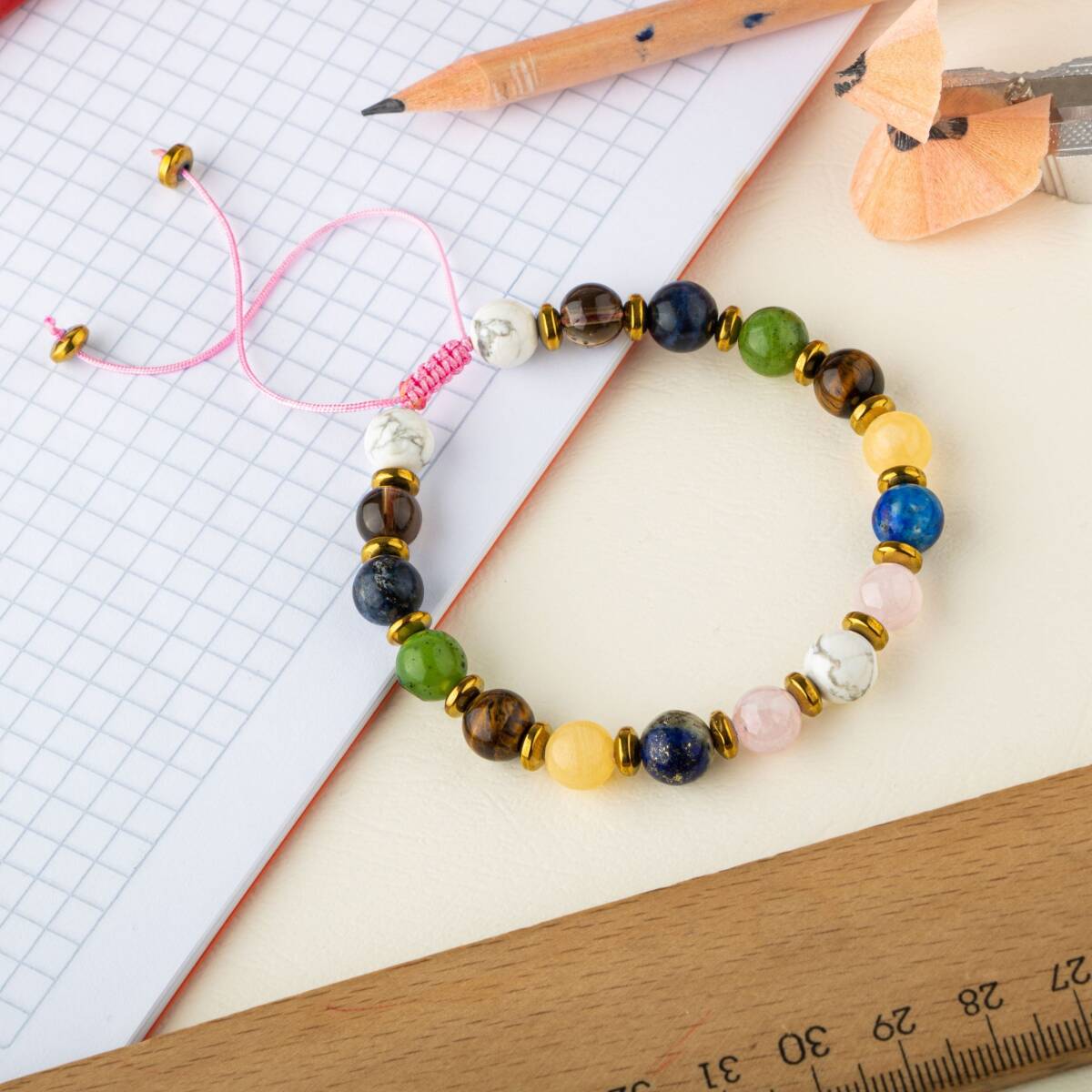 Kız Öğrenci Doğal Taş Bileklik-Havlit-Pembe Kuvars-Labradorit-Lapis Lazuli-Kalsit-Yeşim-Dumanlı Kuvars-Sodalit-Kaplan Gözü - 4