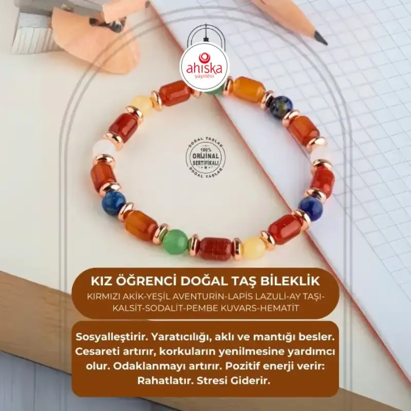 Kız Öğrenci Doğal Taş Bileklik-Kırmızı Akik-Yeşil Aventurin-Lapis Lazuli-Ay Taşı-Kalsit-Sodalit-Pembe Kuvars-Hematit