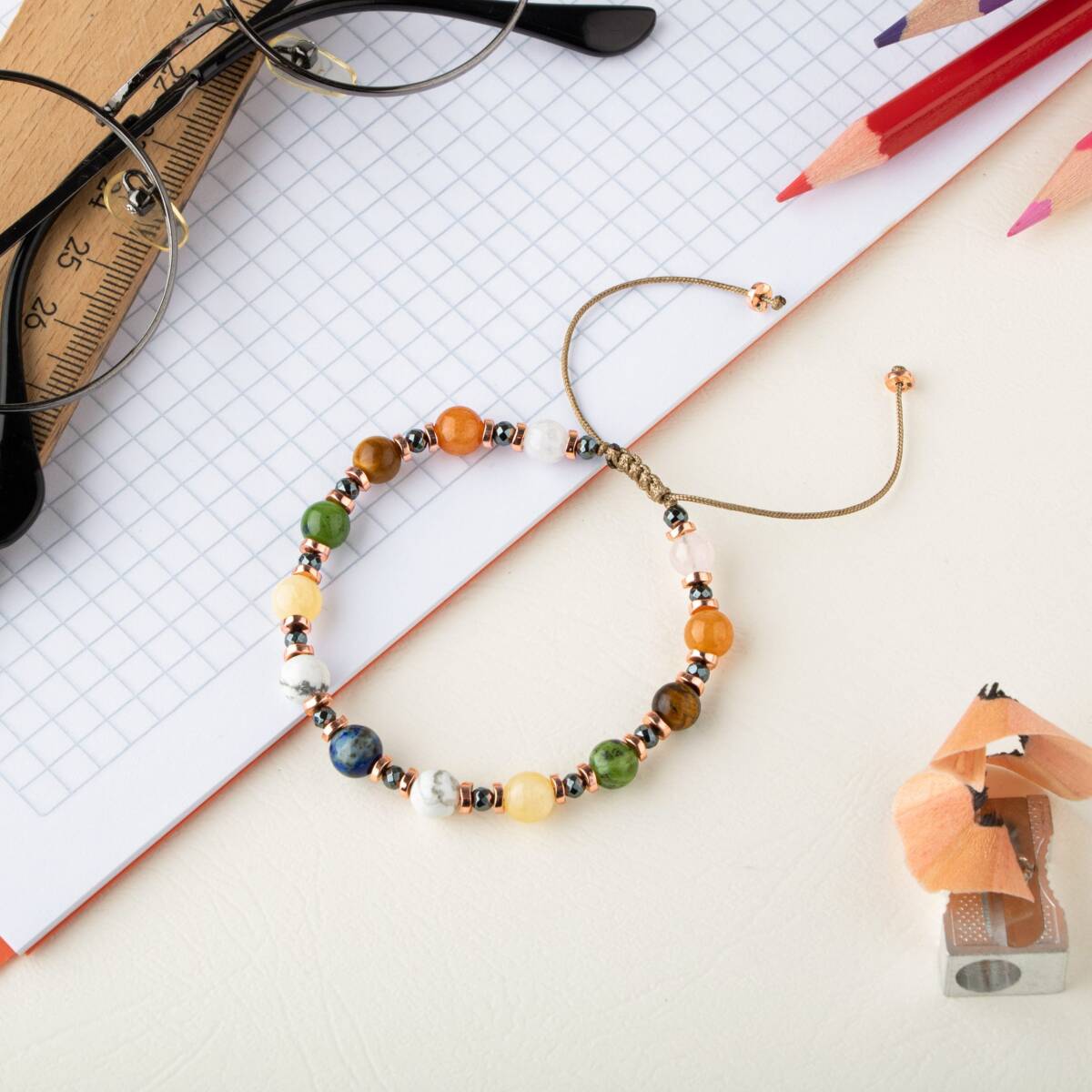 Kız Öğrenci Doğal Taş Bileklik-Lapis Lazuli-Havlit-Kalsit-Yeşim-Kaplan Gözü-Turuncu Aventurin-Pembe Kuvars - 1