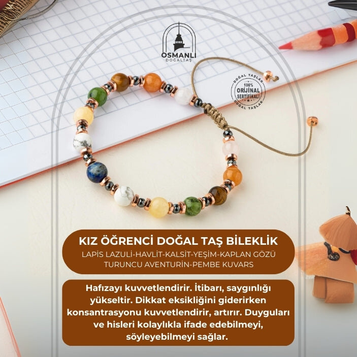 Kız Öğrenci Doğal Taş Bileklik-Lapis Lazuli-Havlit-Kalsit-Yeşim-Kaplan Gözü-Turuncu Aventurin-Pembe Kuvars - 2