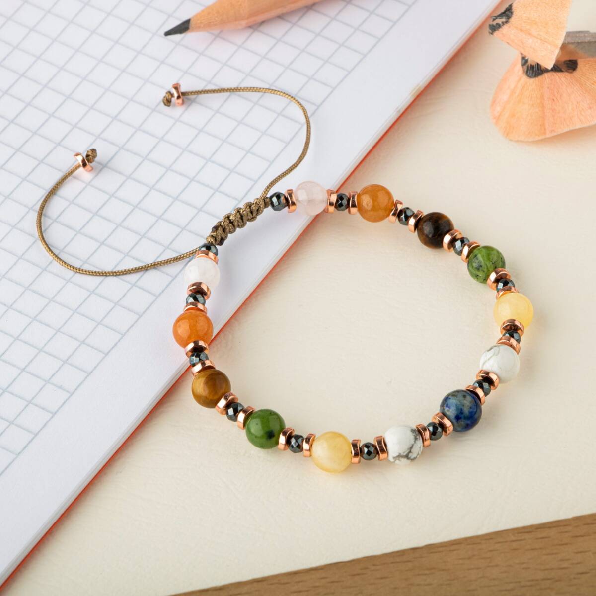 Kız Öğrenci Doğal Taş Bileklik-Lapis Lazuli-Havlit-Kalsit-Yeşim-Kaplan Gözü-Turuncu Aventurin-Pembe Kuvars - 4