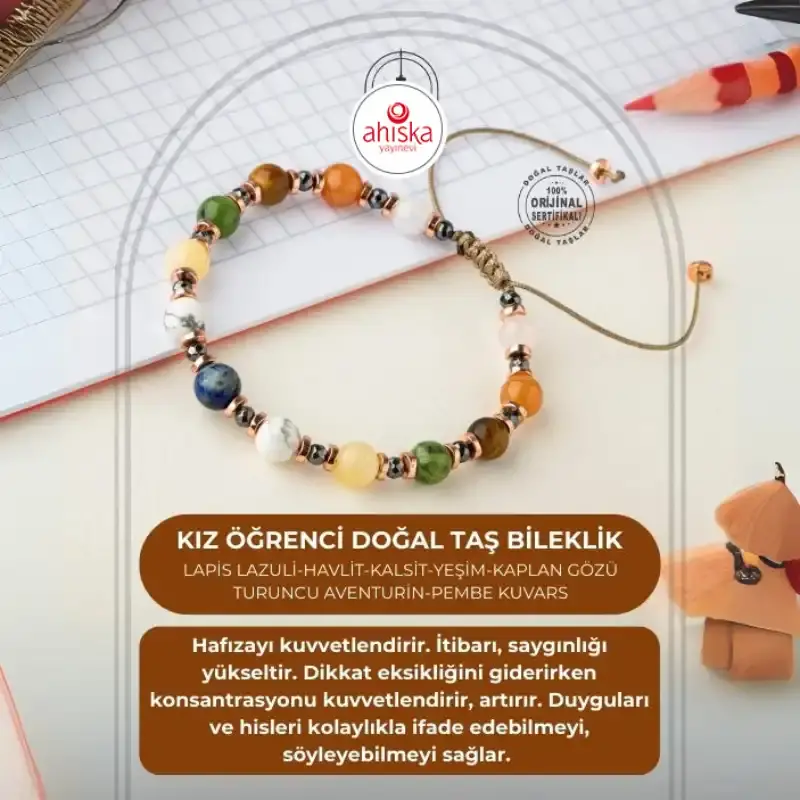 Kız Öğrenci Doğal Taş Bileklik-Lapis Lazuli-Havlit-Kalsit-Yeşim-Kaplan Gözü-Turuncu Aventurin-Pembe Kuvars