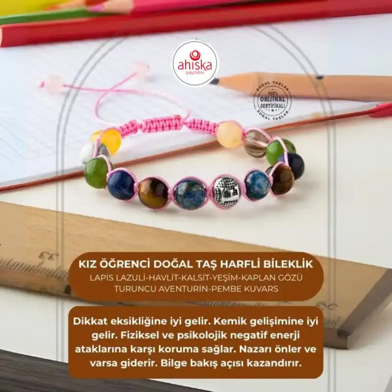 Kız Öğrenci Doğal Taş Harfli Makrome Bileklik