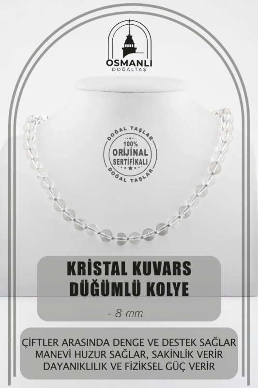 Kristal Kuvars 8 mm Düğümlü Doğal Taş Kolye - Doğal Taş