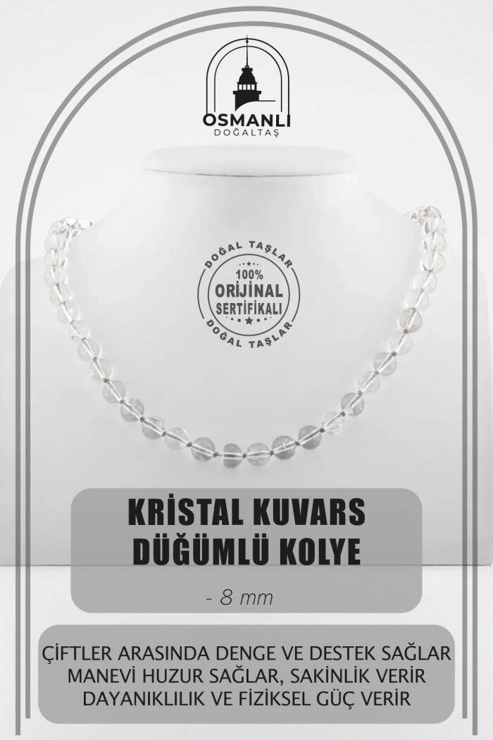 Kristal Kuvars 8 mm Düğümlü Doğal Taş Kolye - 1