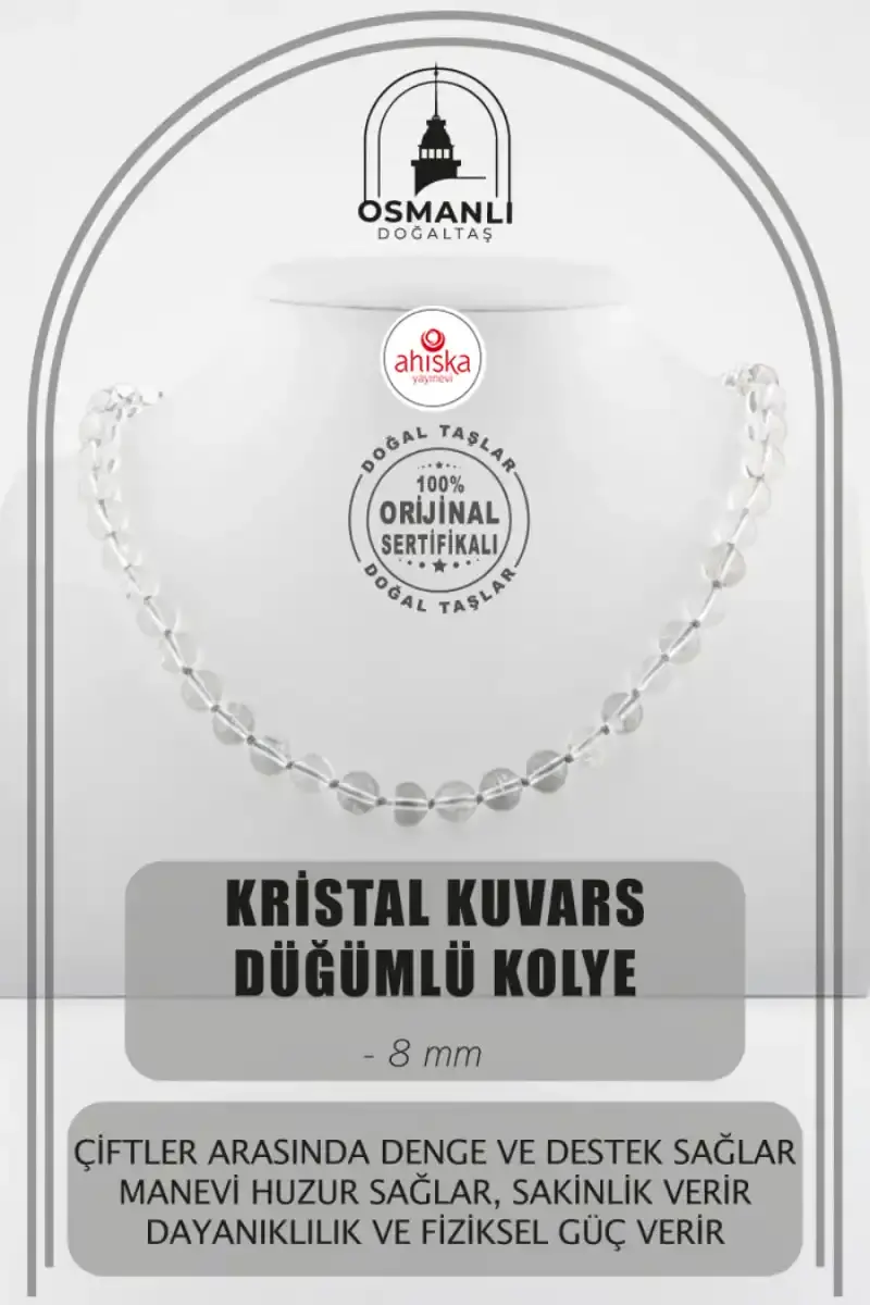 Kristal Kuvars 8 mm Düğümlü Doğal Taş Kolye