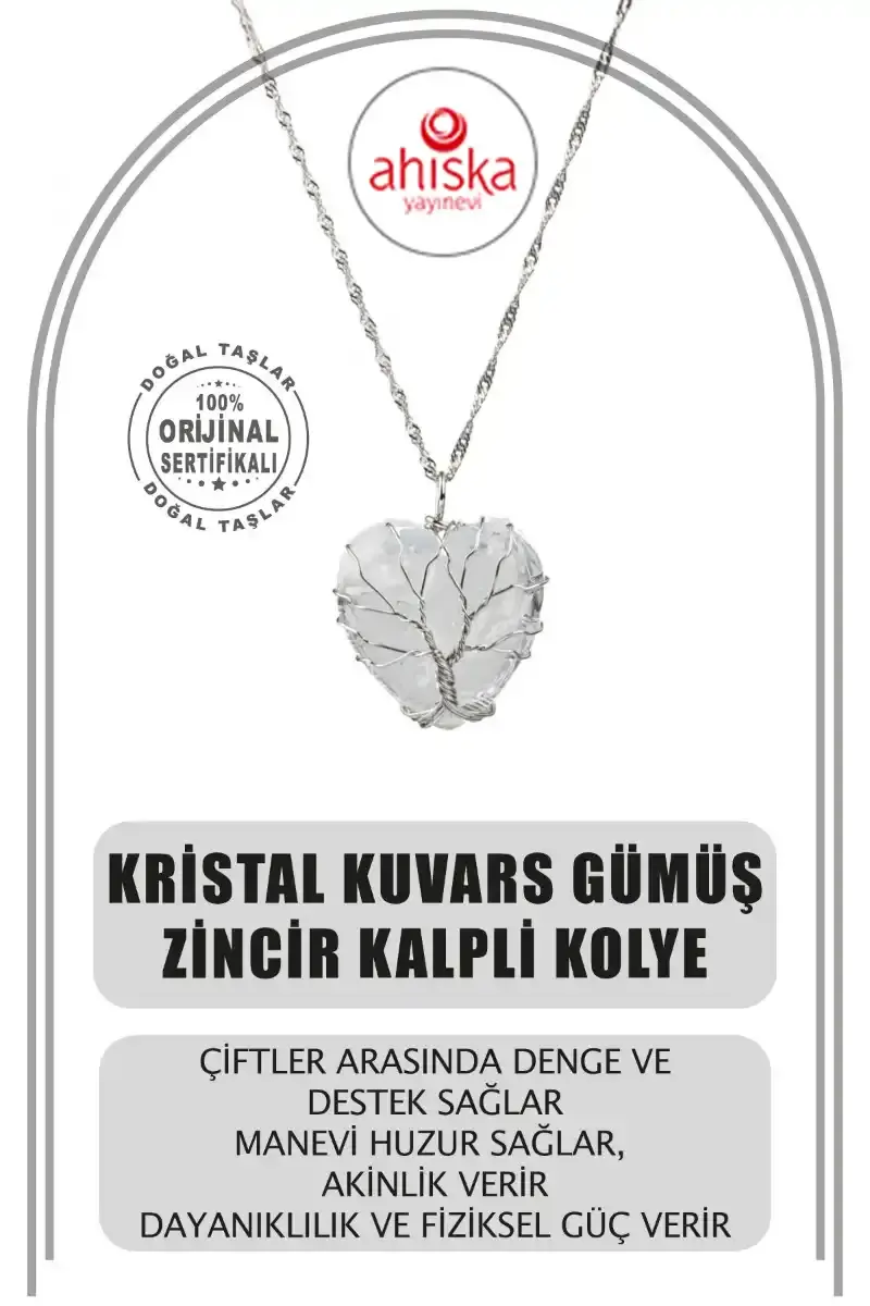 Kristal Kuvars Doğal Taş Gümüş Zincir Kalpli Kolye