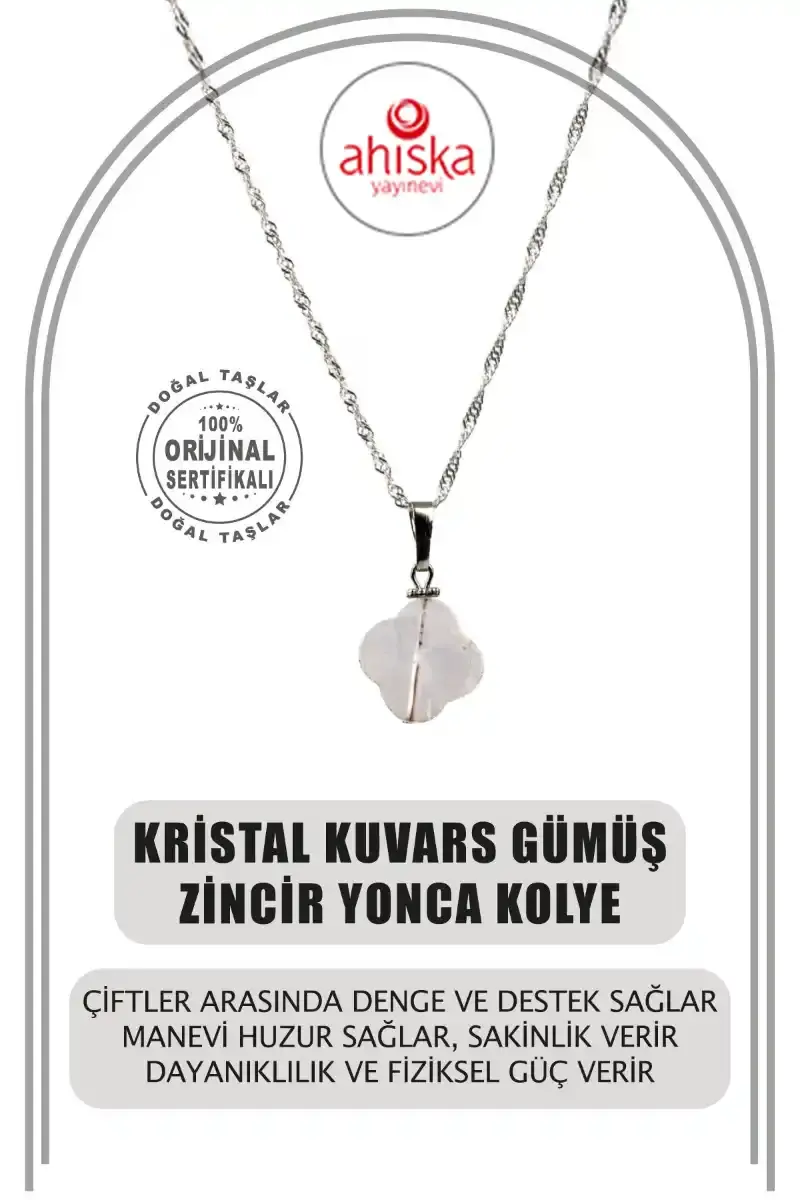 Kristal Kuvars Doğal Taş Gümüş Zincir Yonca Kolye