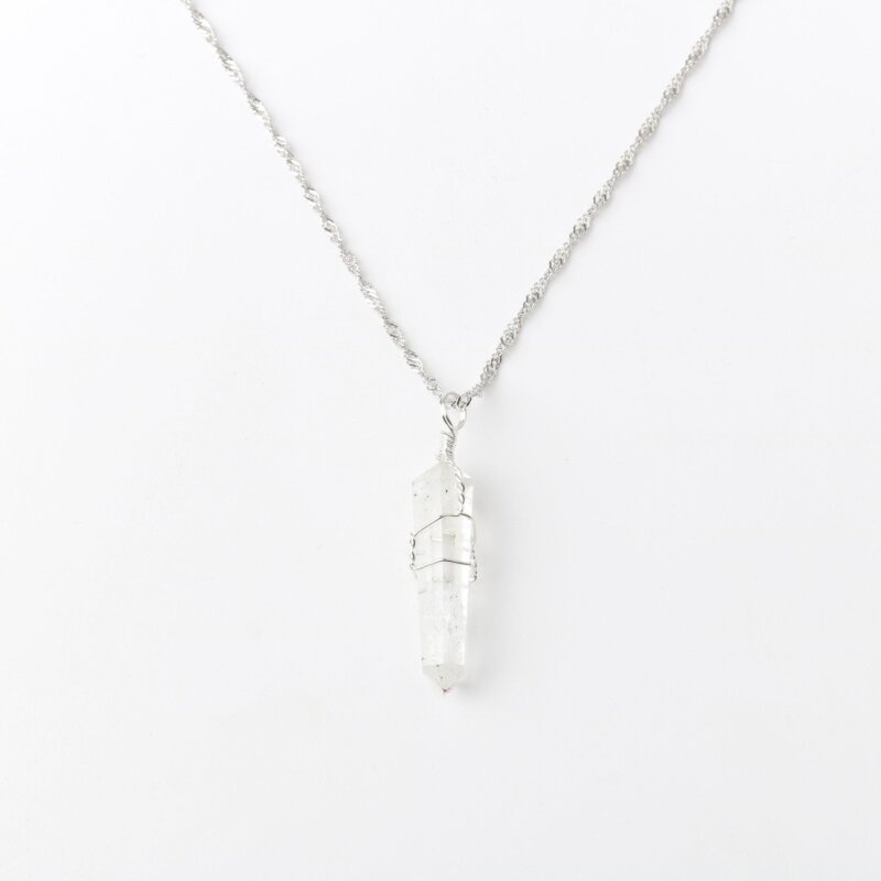 Kristal Kuvars Doğal Taş Kolye Ucu 3x1 cm, Gümüş Zincir - Doğal Taş