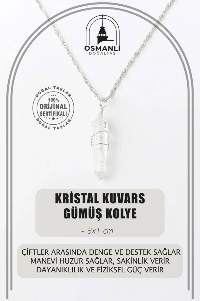 Kristal Kuvars Doğal Taş Kolye Ucu 3x1 cm, Gümüş Zincir - 2