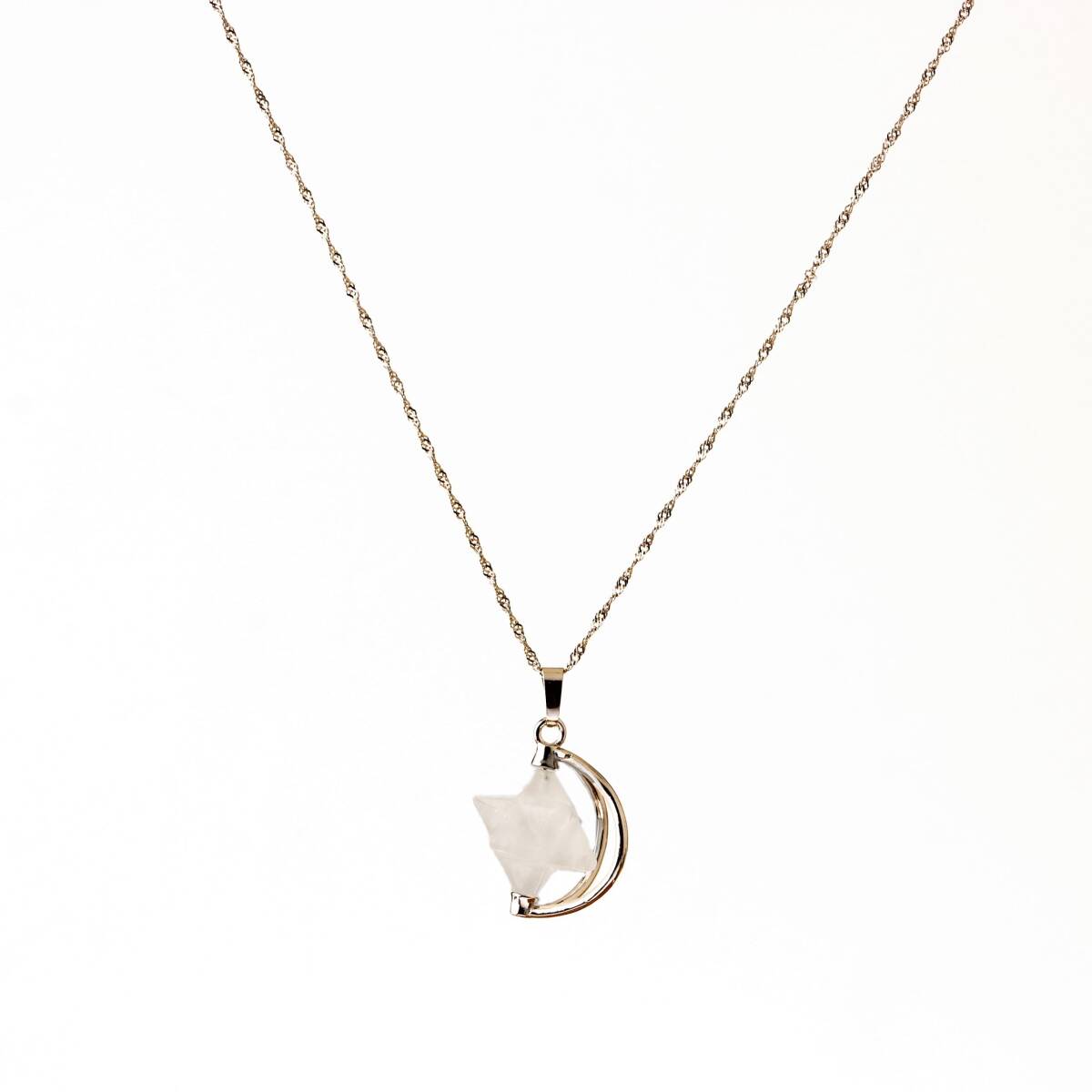 Kristal Kuvars Doğal Taş Yıldızlı Kolye, Gümüş Zincir - 1