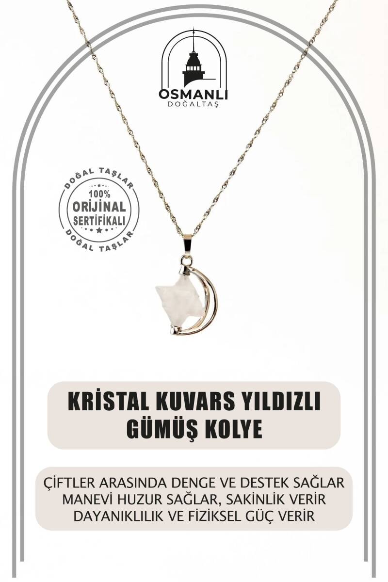 Kristal Kuvars Doğal Taş Yıldızlı Kolye, Gümüş Zincir - 2