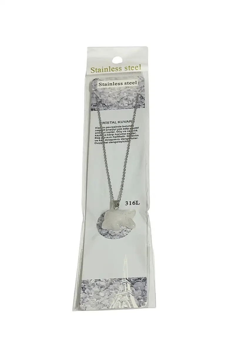 Kristal Kuvars Figür Taşlı Çelik Zincir Doğal Taş Kolye - 1