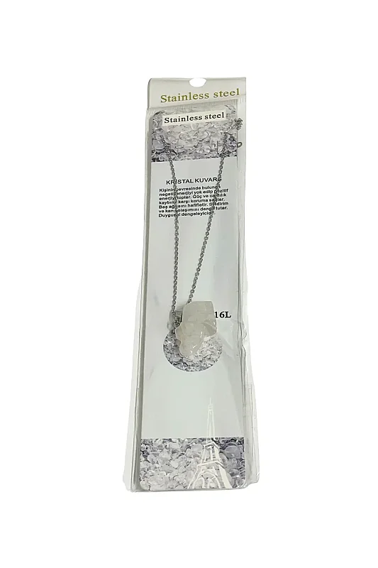 Kristal Kuvars Fil Figür Taşlı Çelik Zincir Doğal Taş Kolye - Doğal Taş