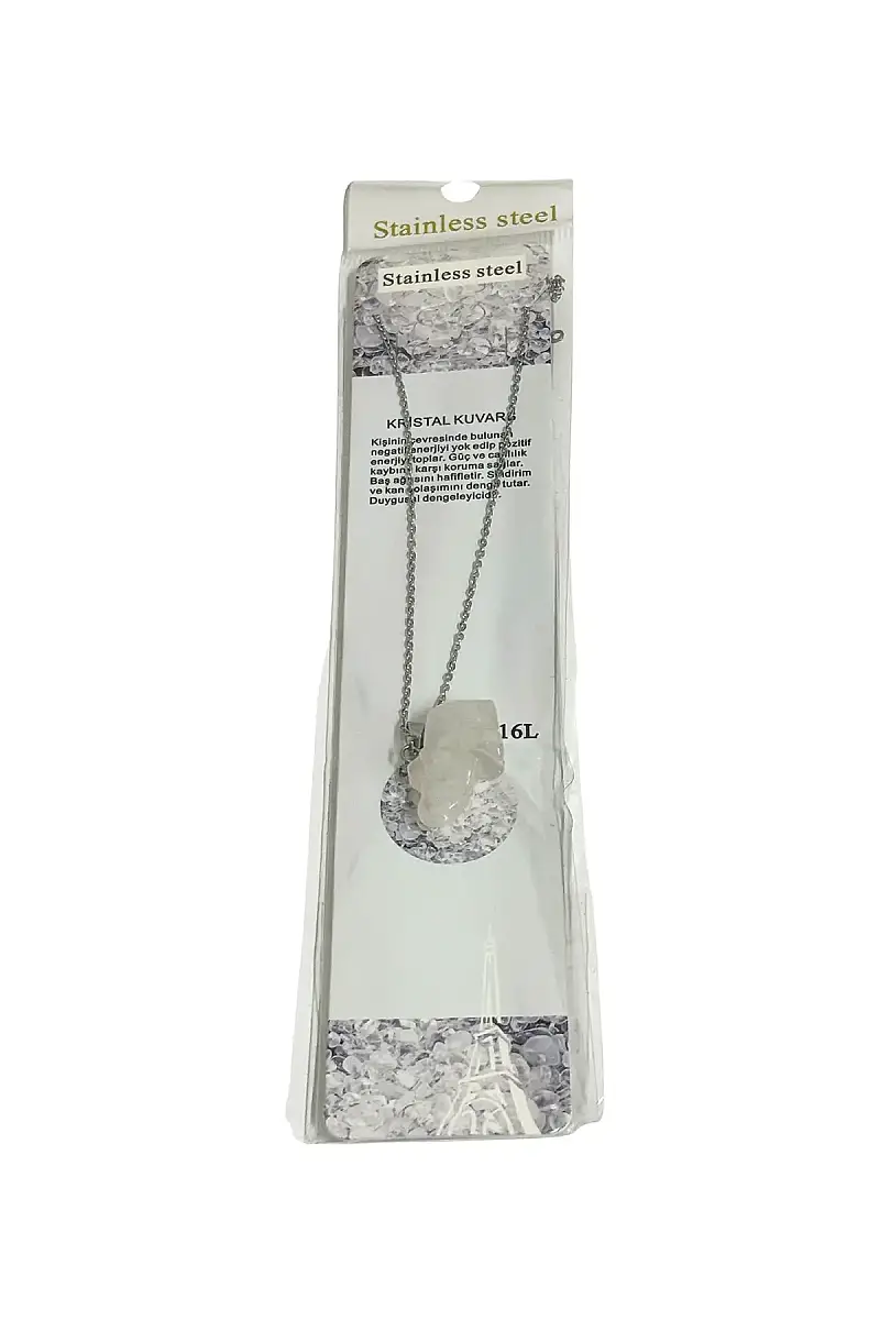 Kristal Kuvars Fil Figür Taşlı Çelik Zincir Doğal Taş Kolye - 1