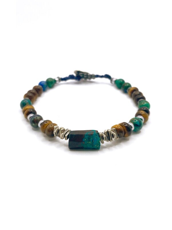 Krizokol-Kaplan Gözü-Azurit Malakit-Hematit Doğal Taş Gümüş Erkek Bileklik - 2