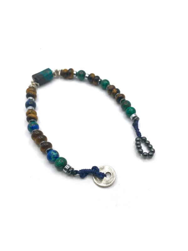 Krizokol-Kaplan Gözü-Azurit Malakit-Hematit Doğal Taş Gümüş Erkek Bileklik - 5