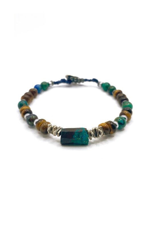 Krizokol-Kaplan Gözü-Azurit Malakit-Hematit Doğal Taş Gümüş Erkek Bileklik - 7