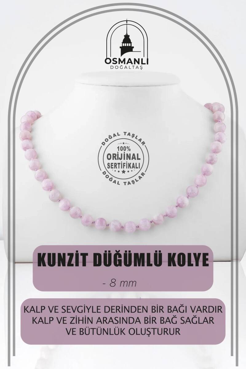 Kunzit 8 mm Düğümlü Doğal Taş Kolye - 1