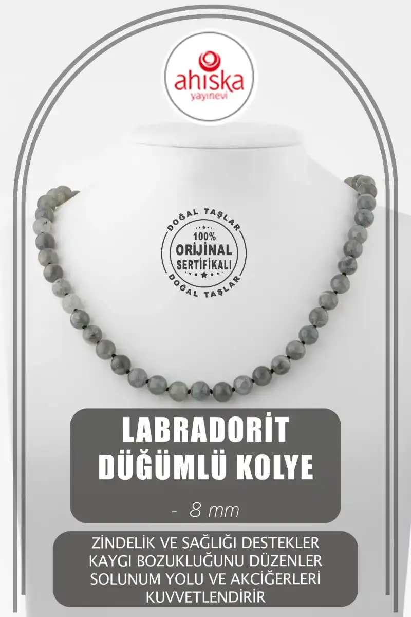 Labradorit 8 mm Düğümlü Doğal Taş Kolye