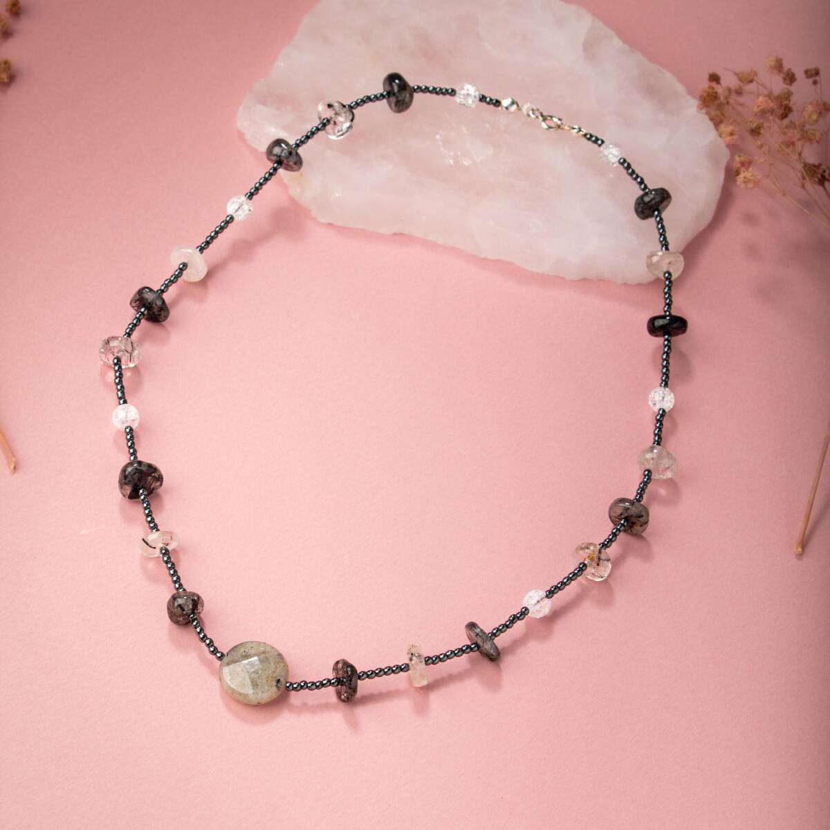 Labradorit-Necef-Rutilli Kuvars-Hematit Doğal Taş Kolye - 2