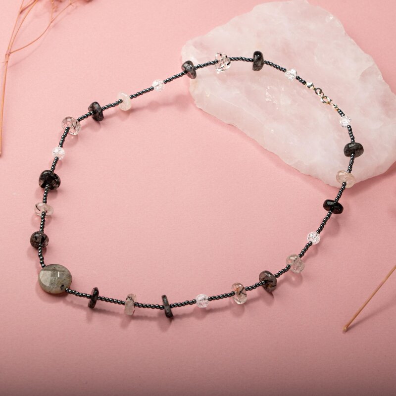 Labradorit-Necef-Rutilli Kuvars-Hematit Doğal Taş Kolye - 3