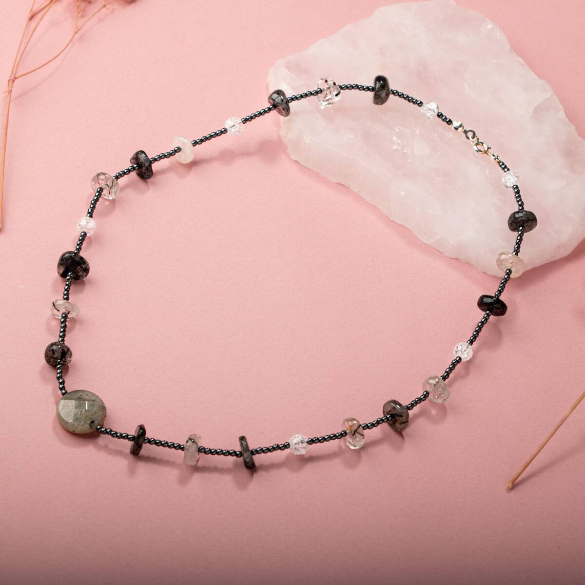 Labradorit-Necef-Rutilli Kuvars-Hematit Doğal Taş Kolye - 3