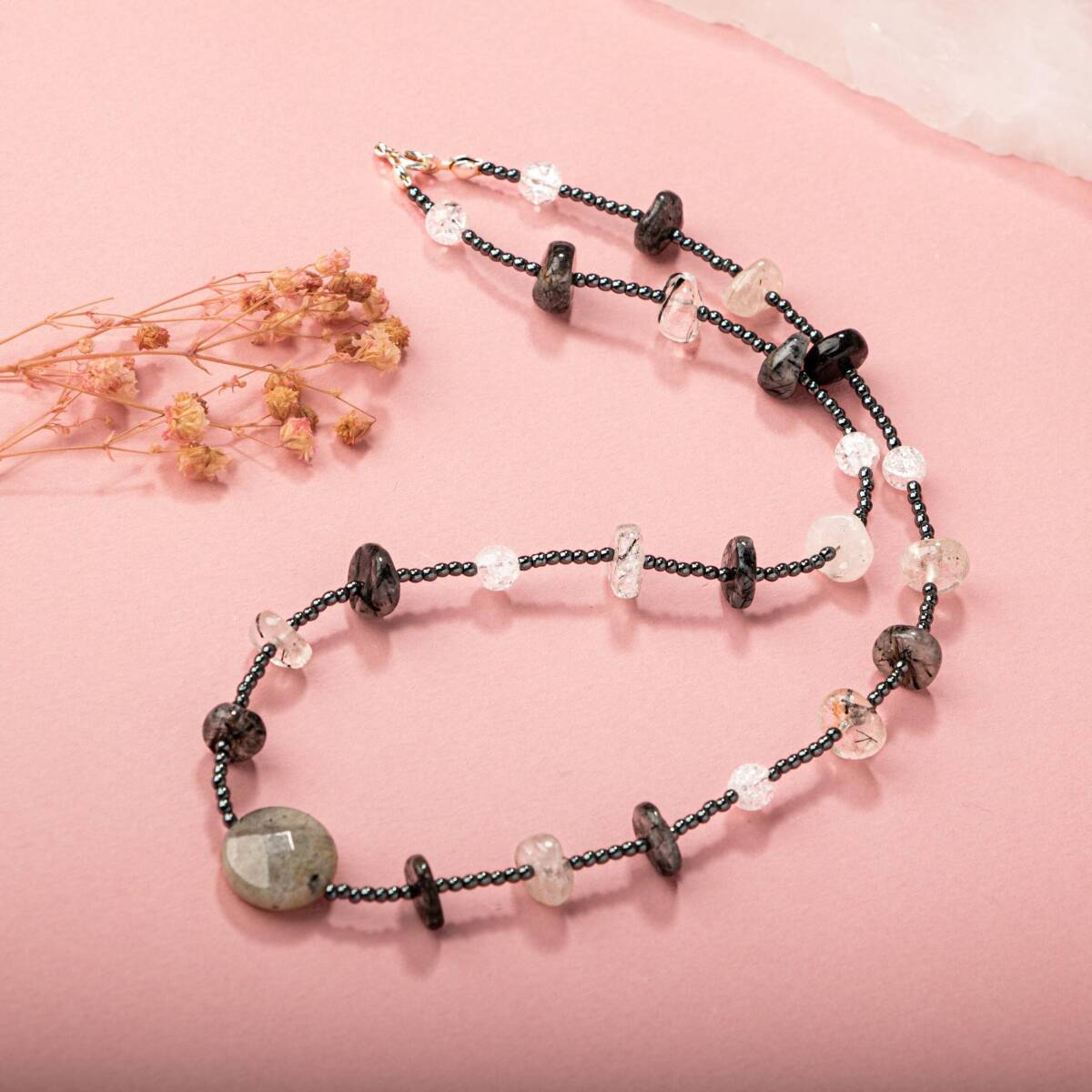 Labradorit-Necef-Rutilli Kuvars-Hematit Doğal Taş Kolye - 4