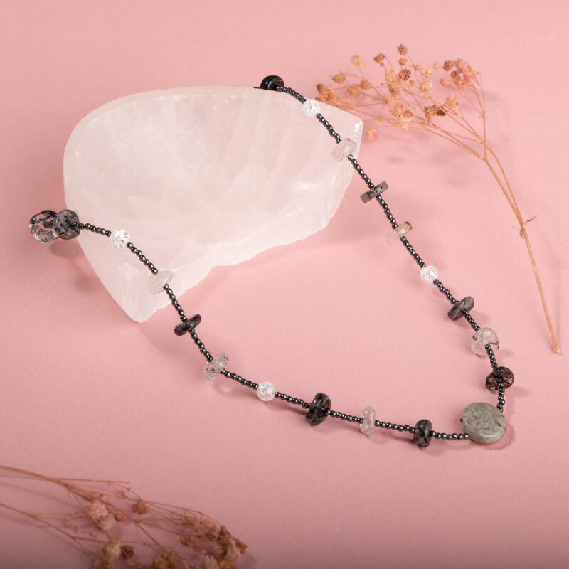 Labradorit-Necef-Rutilli Kuvars-Hematit Doğal Taş Kolye - 5