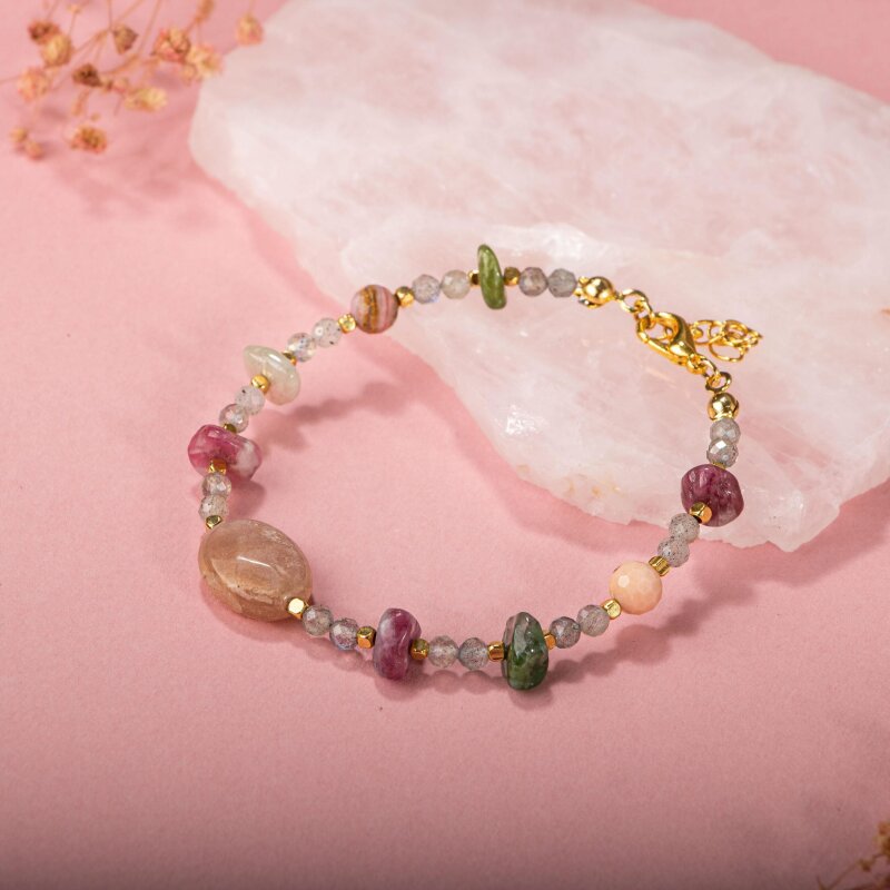 Labradorit-Renkli Turmalin-Güneş Taşı-Pembe Opal Doğal Taş Bileklik - Doğal Taş