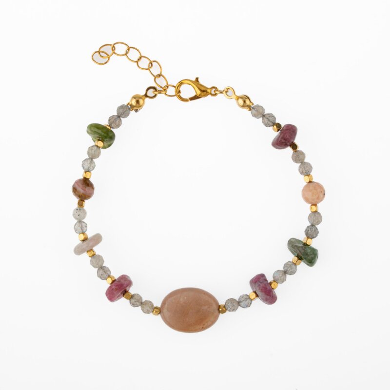 Labradorit-Renkli Turmalin-Güneş Taşı-Pembe Opal Doğal Taş Bileklik - 2