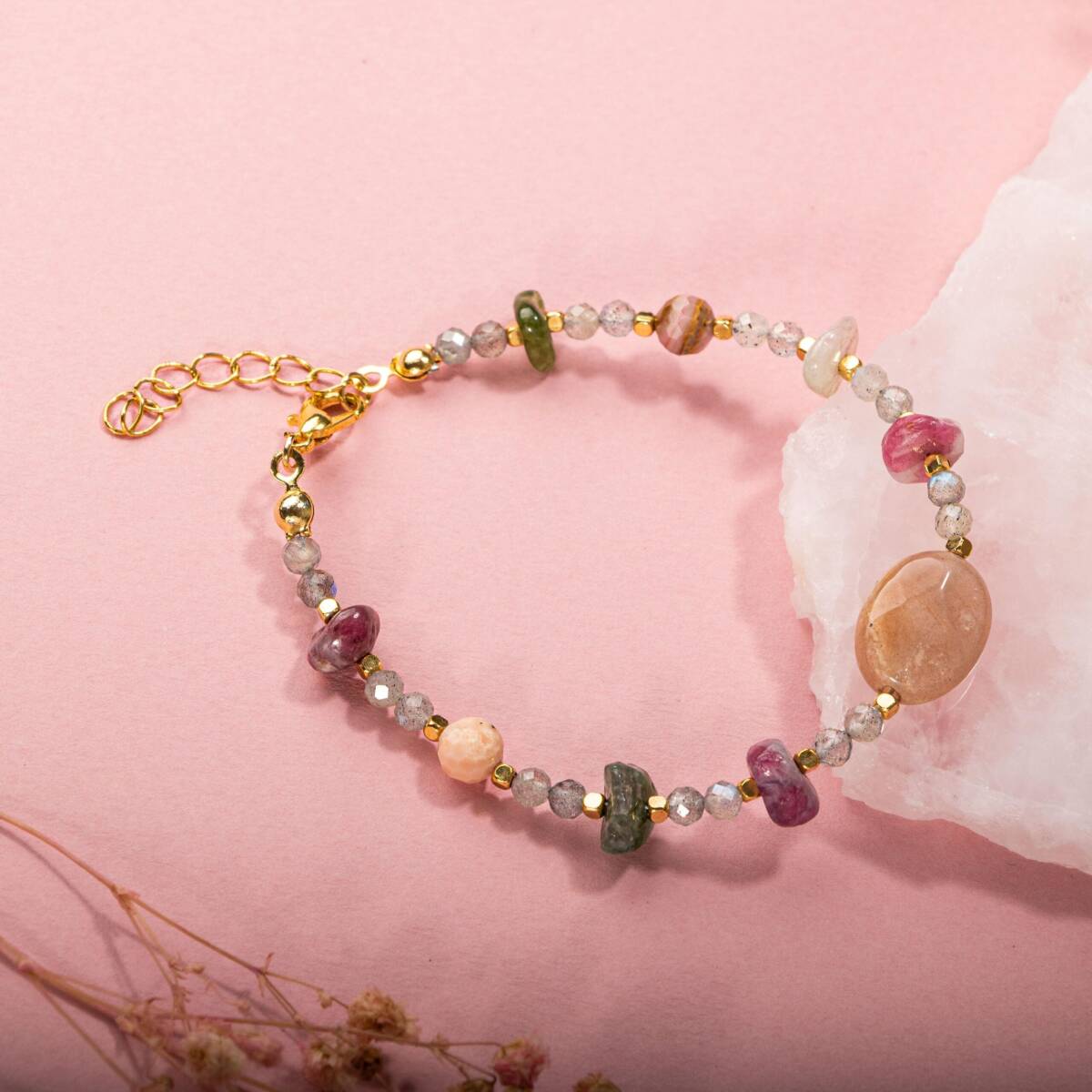 Labradorit-Renkli Turmalin-Güneş Taşı-Pembe Opal Doğal Taş Bileklik - 3