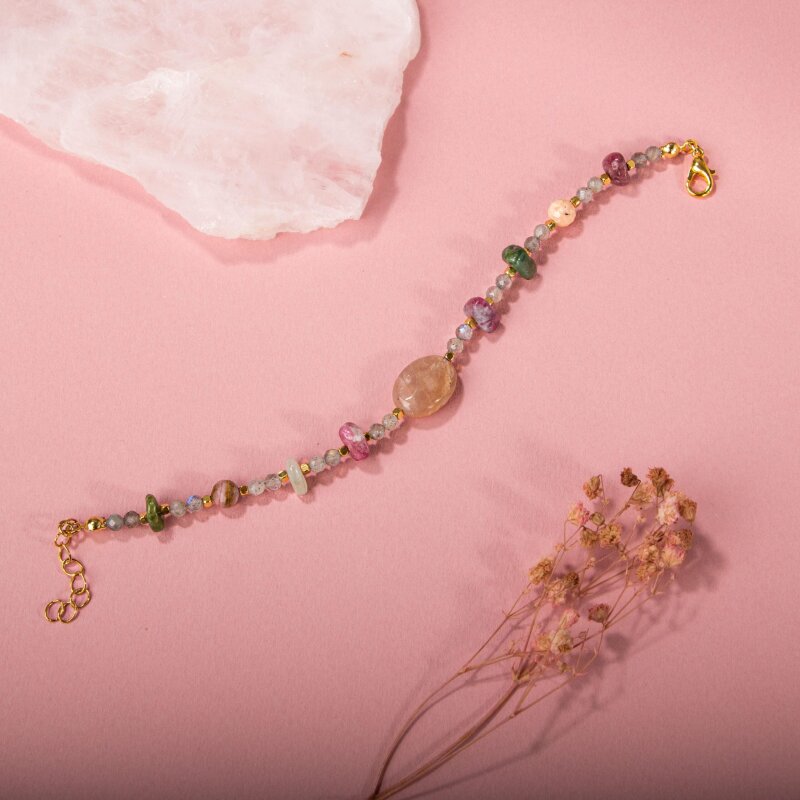 Labradorit-Renkli Turmalin-Güneş Taşı-Pembe Opal Doğal Taş Bileklik - 4