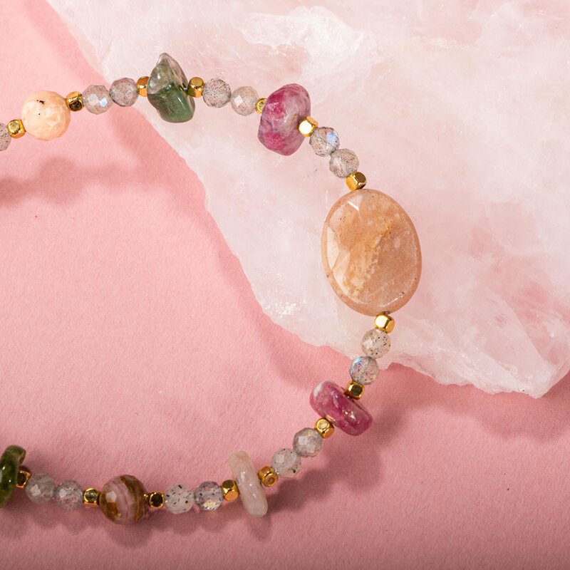 Labradorit-Renkli Turmalin-Güneş Taşı-Pembe Opal Doğal Taş Bileklik - 5