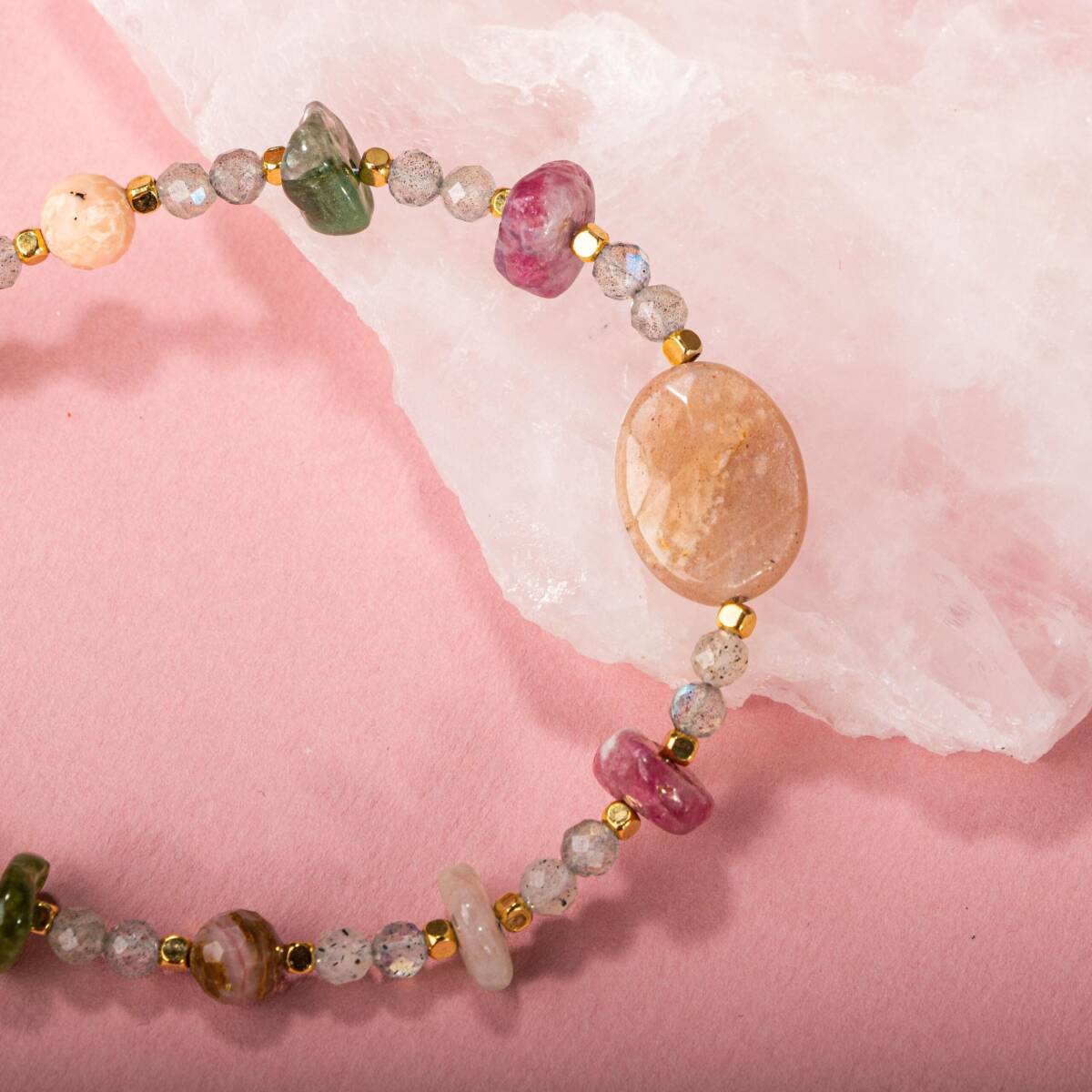 Labradorit-Renkli Turmalin-Güneş Taşı-Pembe Opal Doğal Taş Bileklik - 5