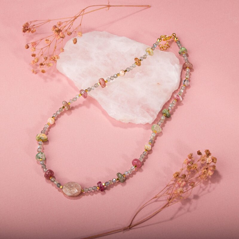 Labradorit-Renkli Turmalin-Güneş Taşı-Pembe Opal Doğal Taş Kolye - 4