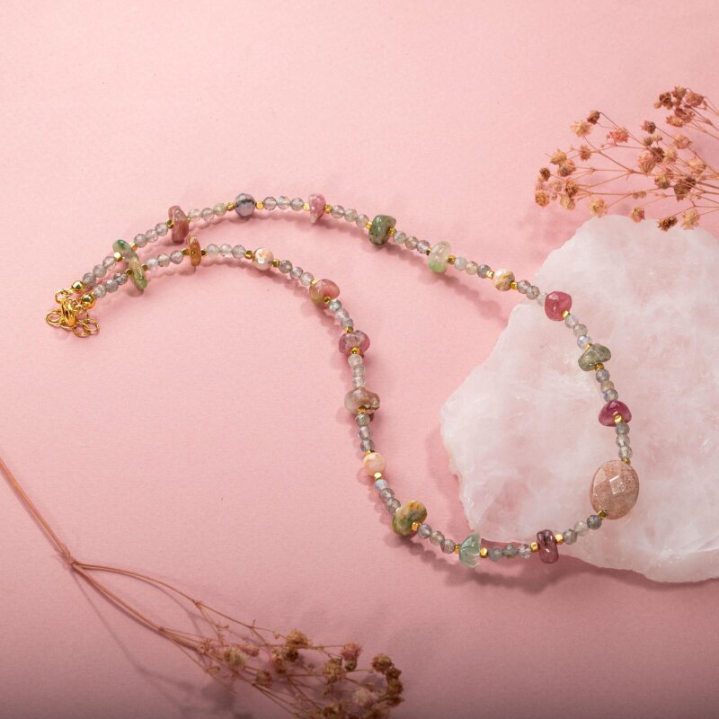 Labradorit-Renkli Turmalin-Güneş Taşı-Pembe Opal Doğal Taş Kolye - 5