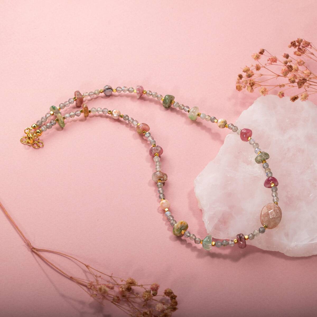 Labradorit-Renkli Turmalin-Güneş Taşı-Pembe Opal Doğal Taş Kolye - 5