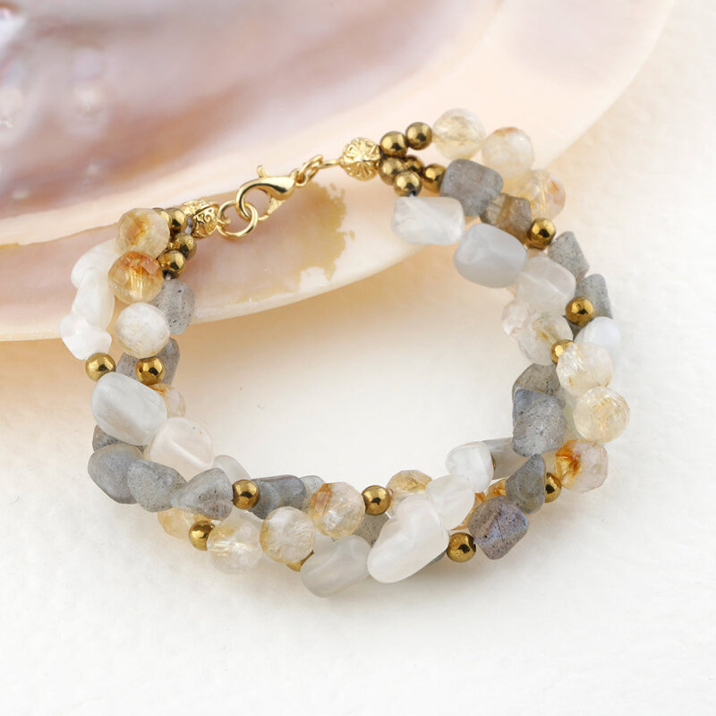 Labradorit-Sitrin-Ay Taşı Altın Kaplama Kapama Doğal Taş Bileklik - 2