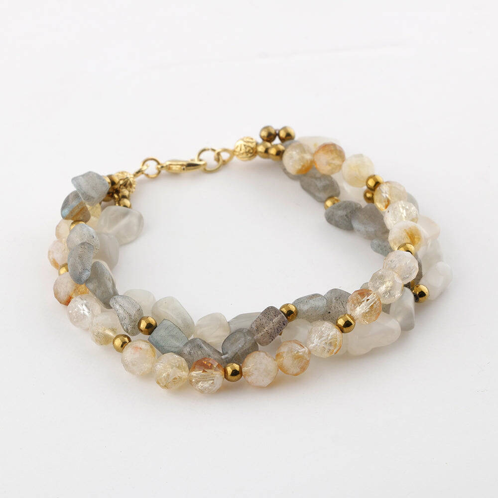 Labradorit-Sitrin-Ay Taşı Altın Kaplama Kapama Doğal Taş Bileklik - 3