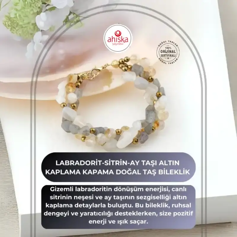 Labradorit-Sitrin-Ay Taşı Altın Kaplama Kapama Doğal Taş Bileklik
