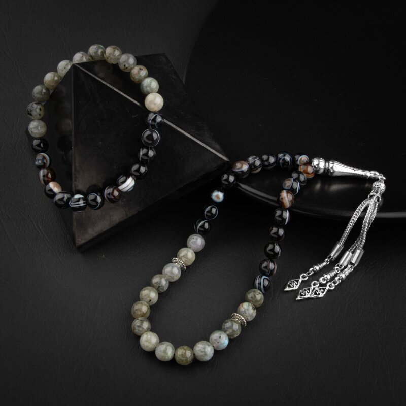 Labradorit-Siyah Göz Akik Doğal Taş Tesbih Bileklik Seti - Doğal Taş