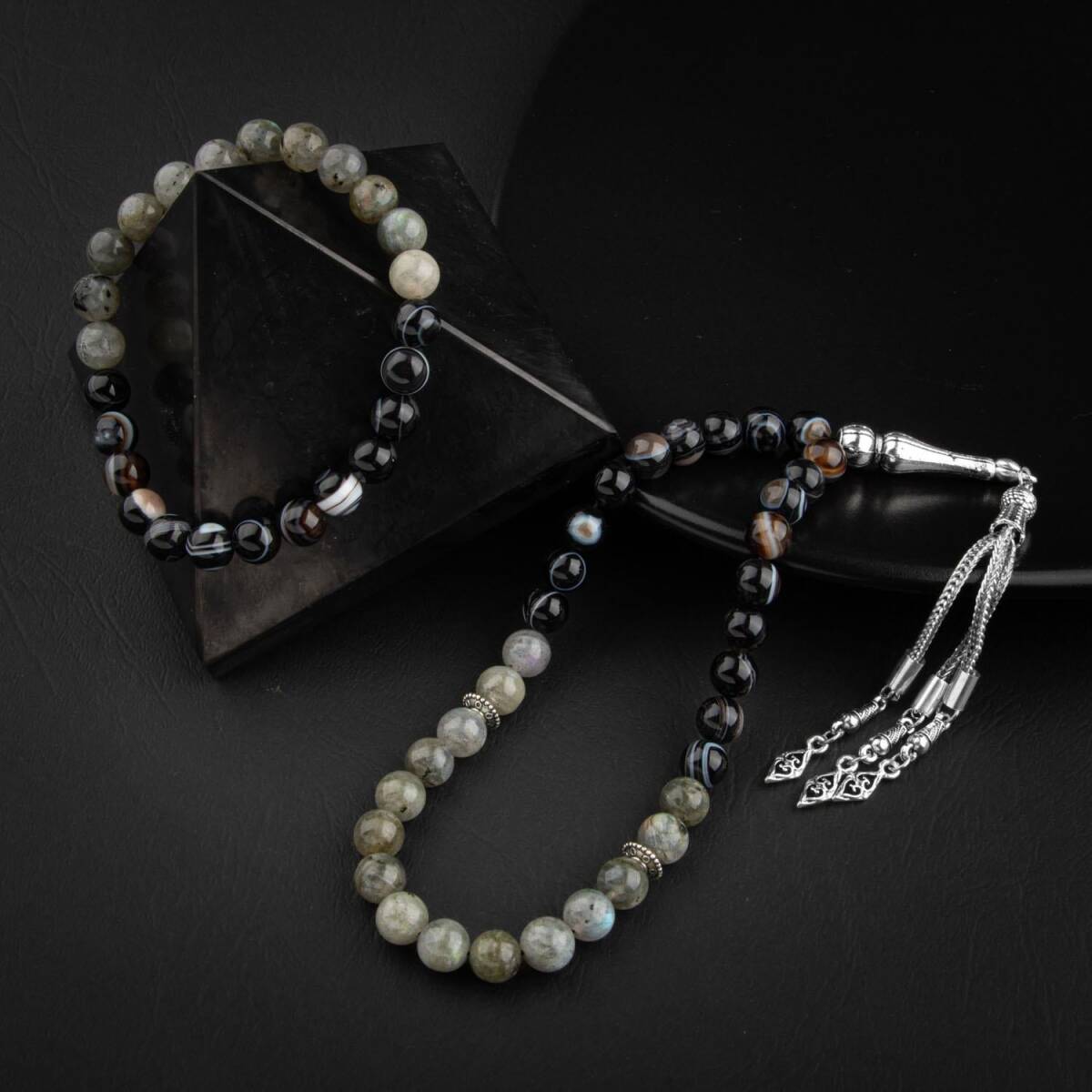 Labradorit-Siyah Göz Akik Doğal Taş Tesbih Bileklik Seti - 1