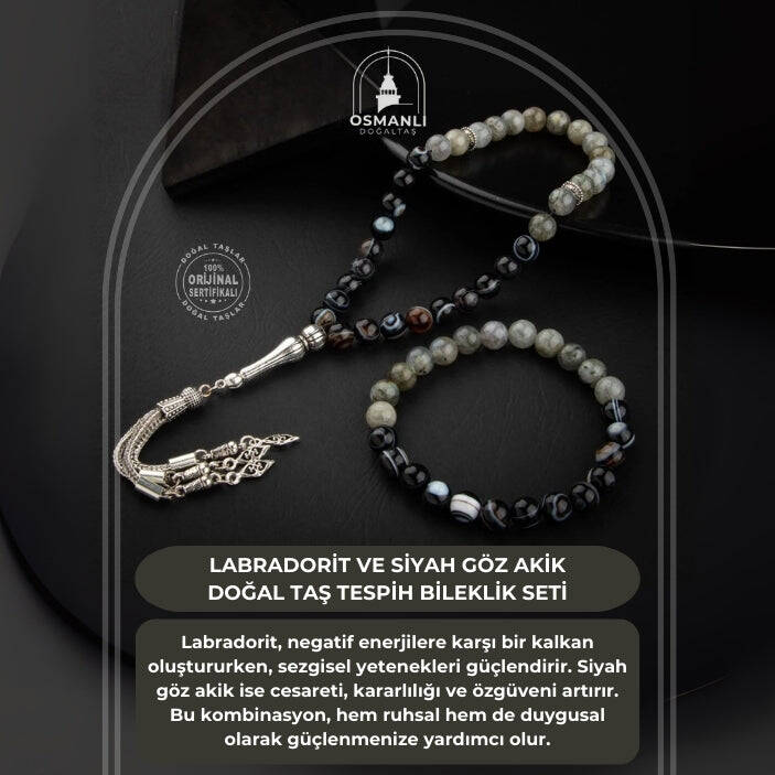 Labradorit-Siyah Göz Akik Doğal Taş Tesbih Bileklik Seti - 2