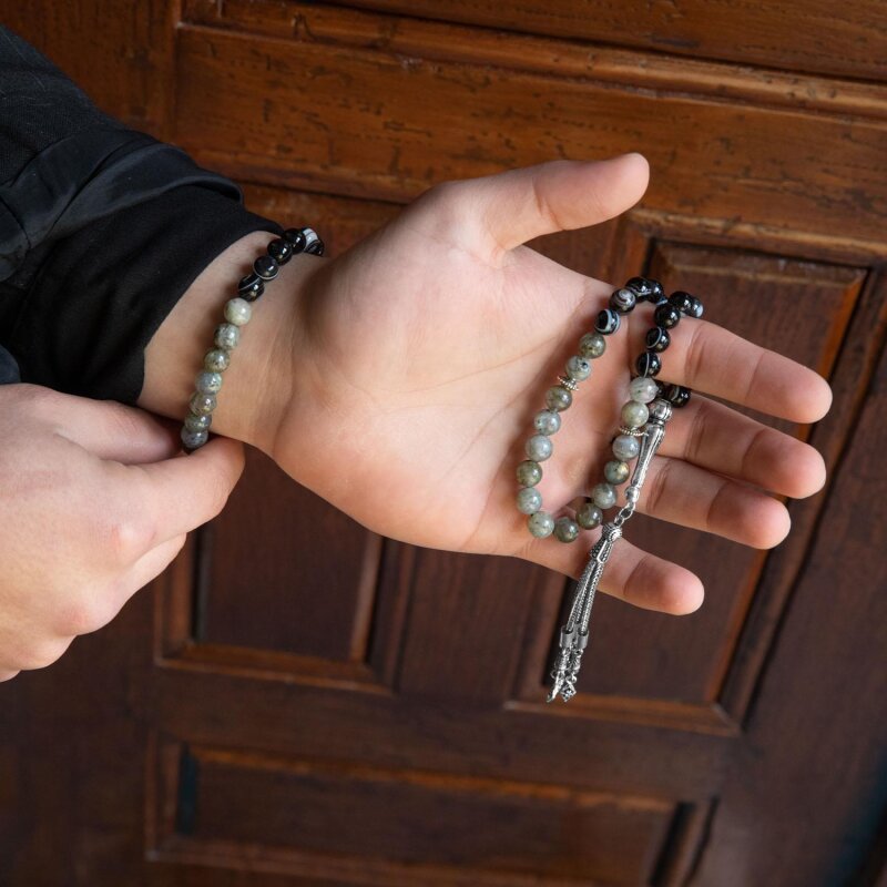 Labradorit-Siyah Göz Akik Doğal Taş Tesbih Bileklik Seti - 5