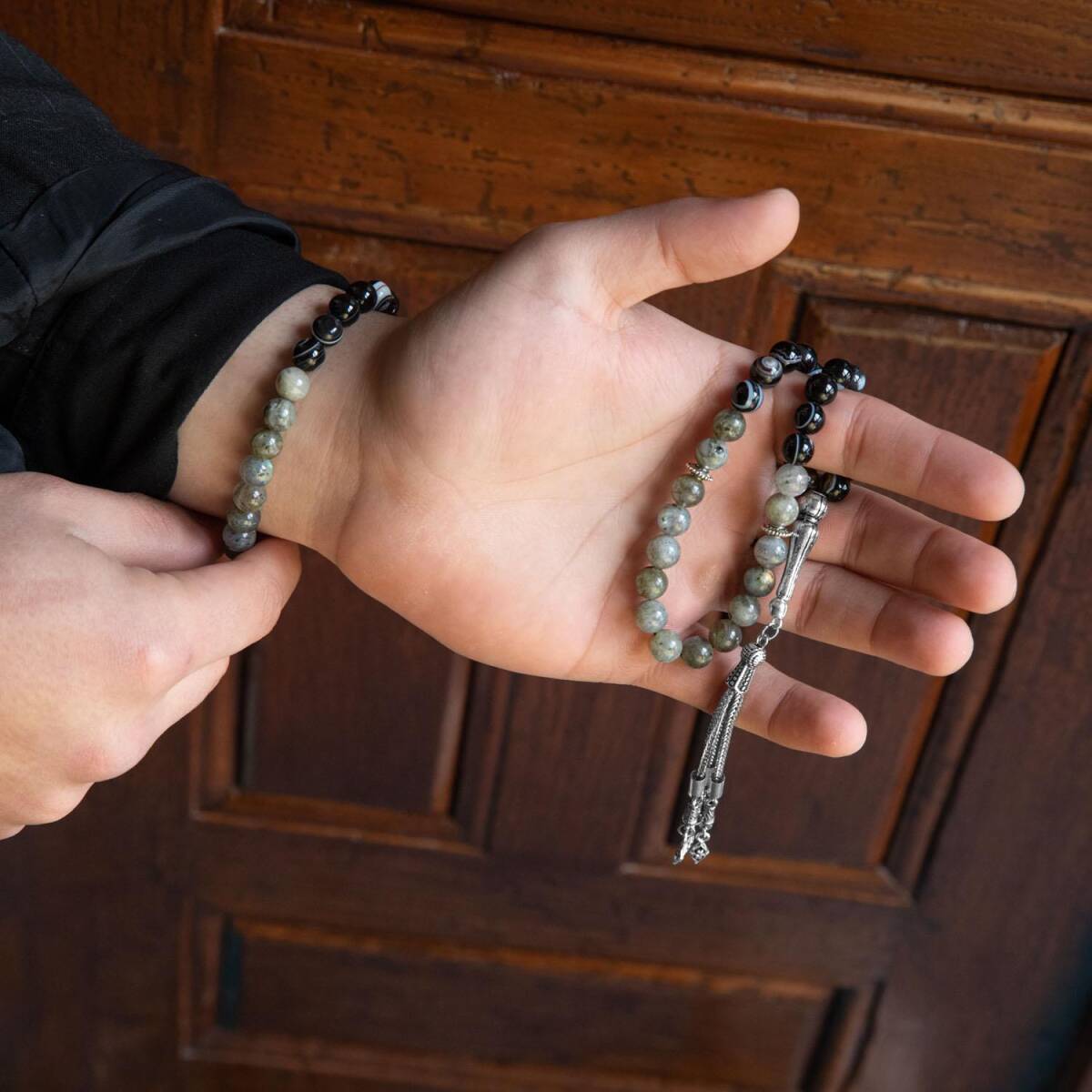 Labradorit-Siyah Göz Akik Doğal Taş Tesbih Bileklik Seti - 5