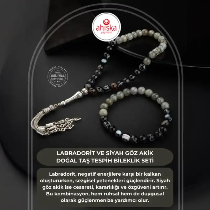 Labradorit-Siyah Göz Akik Doğal Taş Tesbih Bileklik Seti - 2