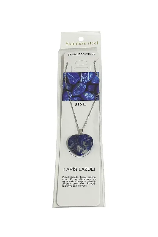 Lapis Lazuli Kalp Figür Taşlı Çelik Zincir Doğal Taş Kolye - Doğal Taş
