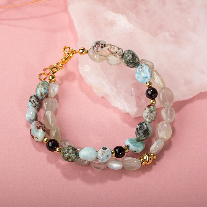 Larimar-Lal-Hematit-Ay Taşı Altın Kaplama Doğal Taş Bileklik - Doğal Taş
